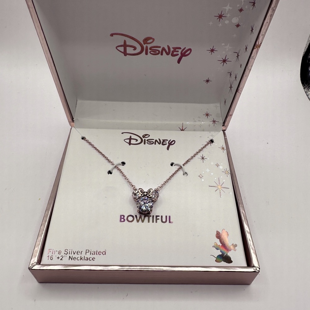 Disney Necklace Fire Silver Plated 16” Silver Plated Mickey Minnie Mouse NWOT